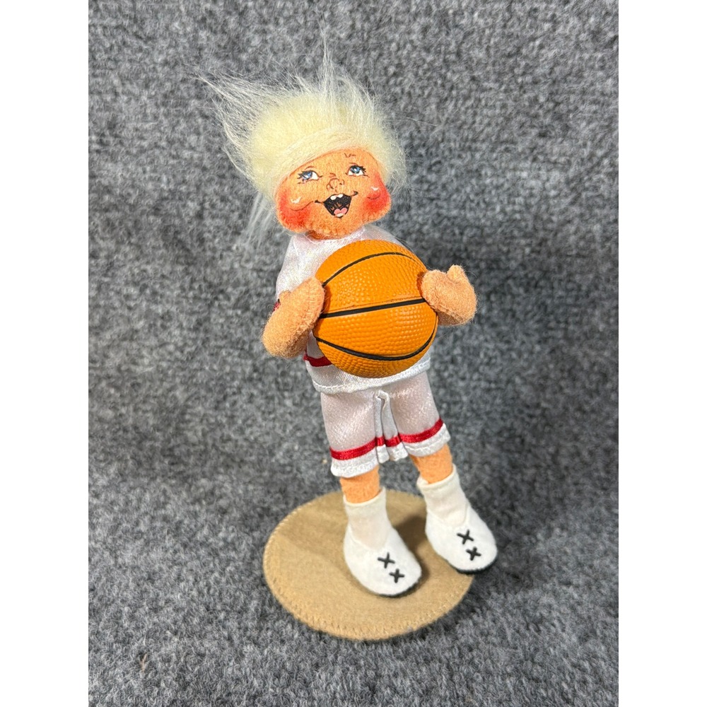 Annalee Dolls 7 Inch Basketball Girl Felt Figurine White Red Uniform Blonde Hair